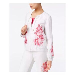 INC Size Large Floral Embroidered Linen Zip Bomber Jacket White Pink Cottagecore